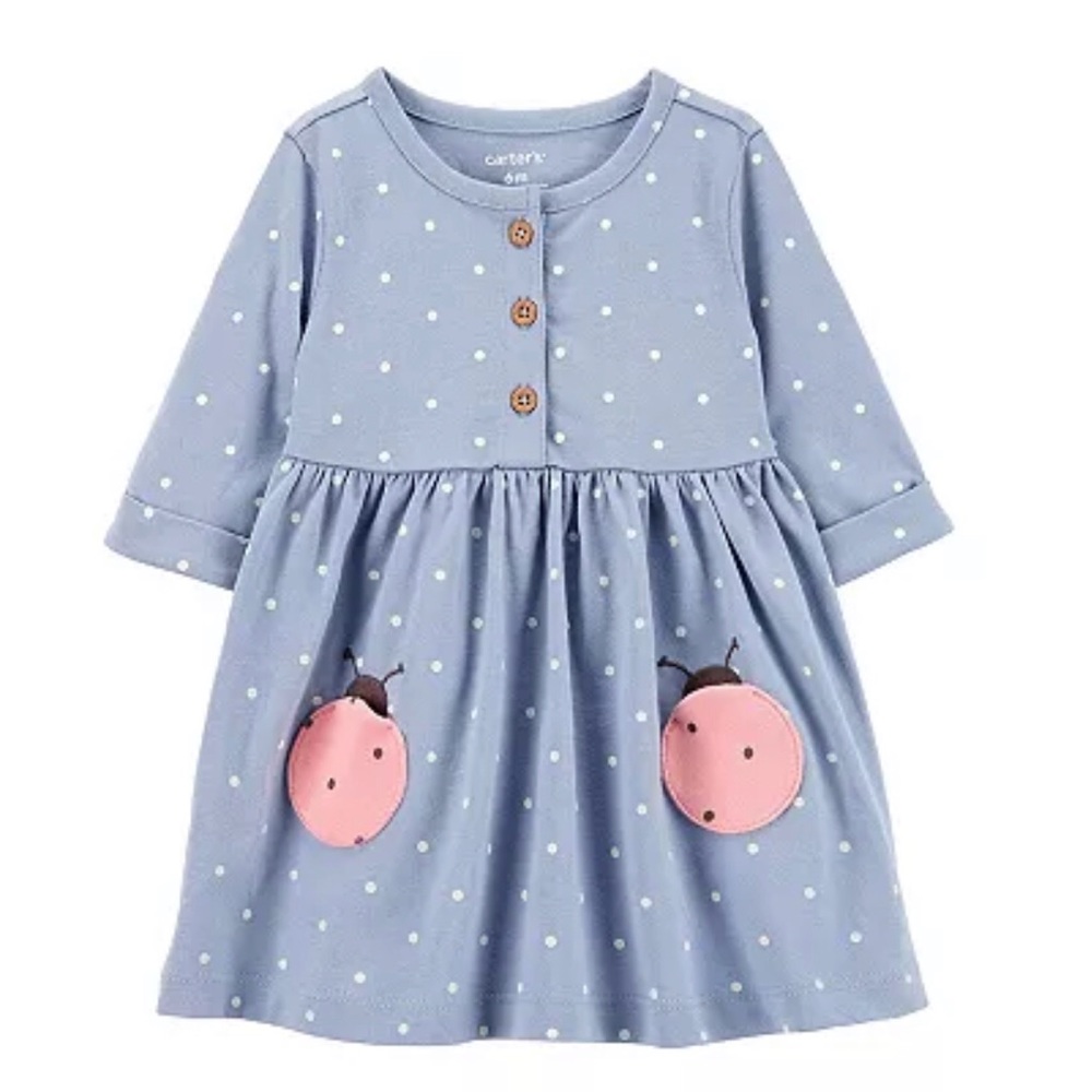 Carter’s long sleeve light blue polka dot ladybug dress 18 months NWT